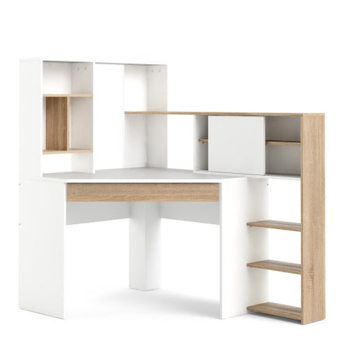 Function Plus Corner Desk with multi-functional unit In White and Oak
